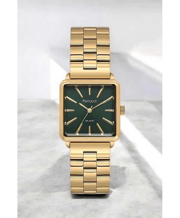 Ferrucci Kadın Kol Saati - Çelik Kordon & Şık Tasarım, 2 Yıl Garanti Gold-Yeşil sdfer150