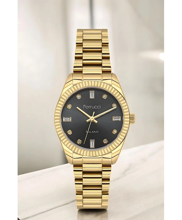 Ferrucci Çelik Kordon & Şık Tasarım, Kadın Kol Saati, 2 Yıl Garanti, 3atm Suya Dayanıklı Gold-siyah