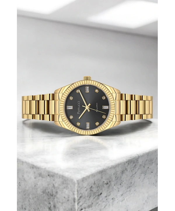 Ferrucci Çelik Kordon & Şık Tasarım, Kadın Kol Saati, 2 Yıl Garanti, 3atm Suya Dayanıklı Gold-siyah