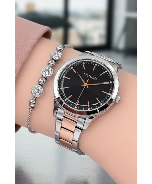 Ferrucci Çelik Kordon & Şık Tasarım, Kadın Kol Saati, 3ATM Suya Dayanıklı Rose-Gümüş sdfer153