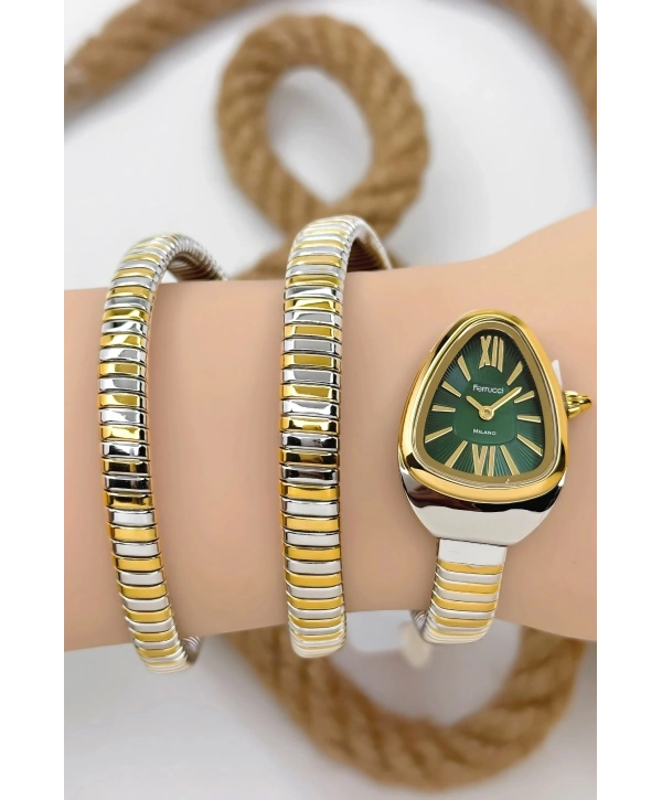 Ferrucci Çelik Kordon Yılan Model , Kadın Kol Saati, 3ATM Suya Dayanıklı Gold-Gümüş-Yeşil sdfer155