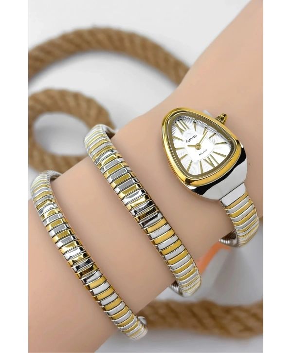 Ferrucci Çelik Kordon Yılan Model , Kadın Kol Saati, 3atm Suya Dayanıklı Gold-gümüş Sdfer155