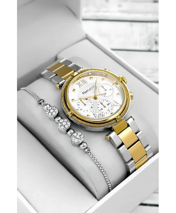 Ferrucci Çelik Kordon & Şık Tasarım, Kadın Kol Saati, 3atm Suya Dayanıklı Gold-gümüş Sdfer171