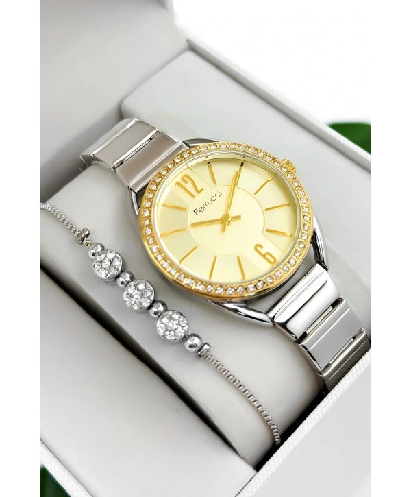 Ferrucci Çelik Kordon & Kasa Kadın Kol Saati, 3atm Suya Dayanıklı Gümüş-gold Sdfer172
