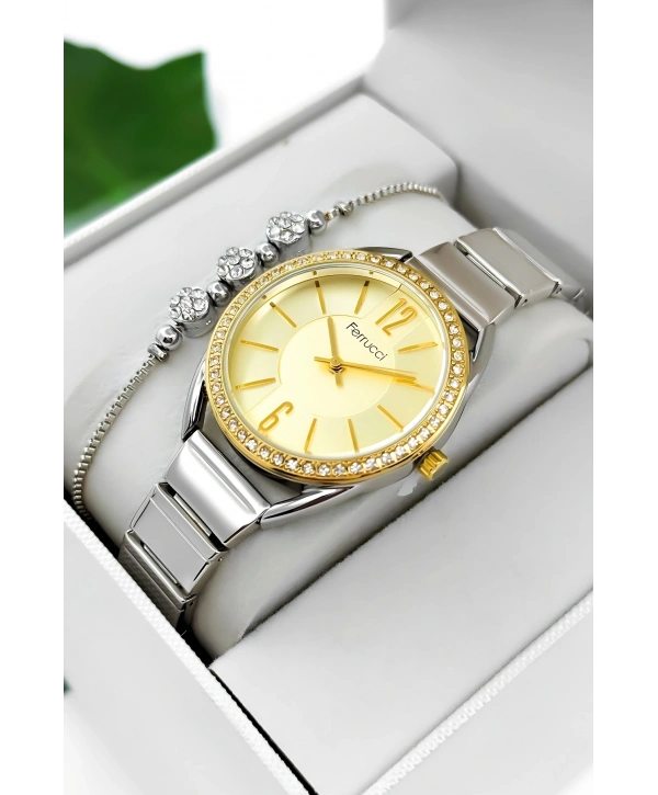 Ferrucci Çelik Kordon & Kasa Kadın Kol Saati, 3atm Suya Dayanıklı Gümüş-gold Sdfer172