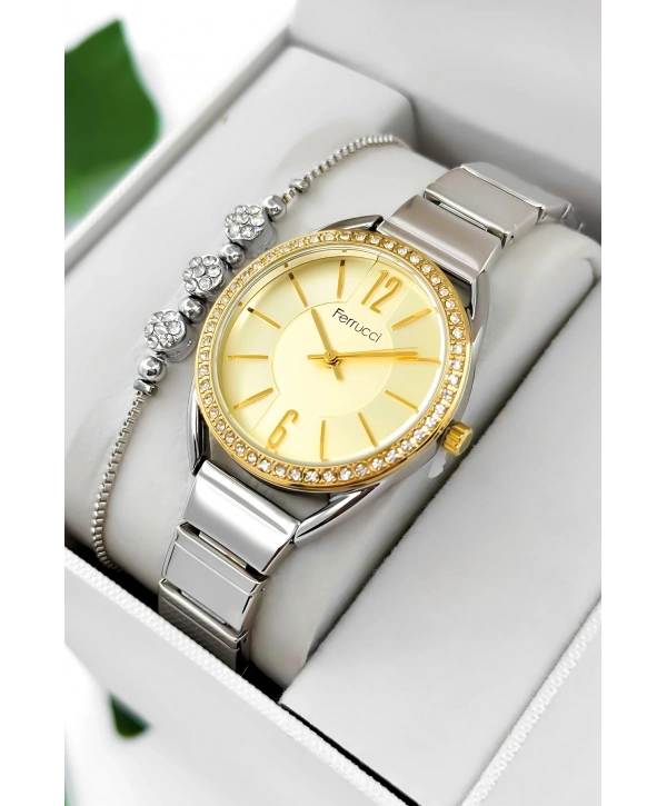 Ferrucci Çelik Kordon & Kasa Kadın Kol Saati, 3atm Suya Dayanıklı Gümüş-gold Sdfer172