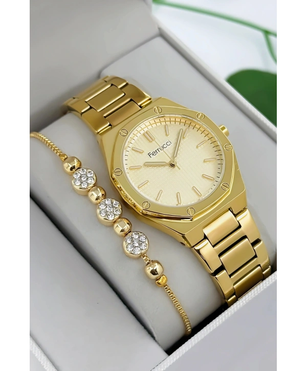 Ferrucci Çelik Kordon & Kasa Kadın Kol Saati, 3atm Suya Dayanıklı Gold Sdfer174