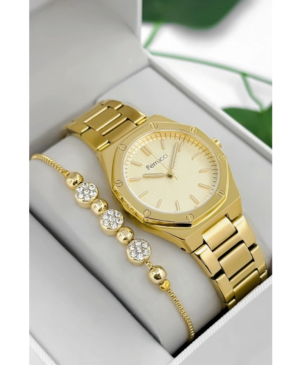 Ferrucci Çelik Kordon & Kasa Kadın Kol Saati, 3atm Suya Dayanıklı Gold Sdfer174