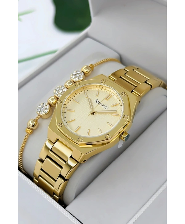 Ferrucci Çelik Kordon & Kasa Kadın Kol Saati, 3atm Suya Dayanıklı Gold Sdfer174