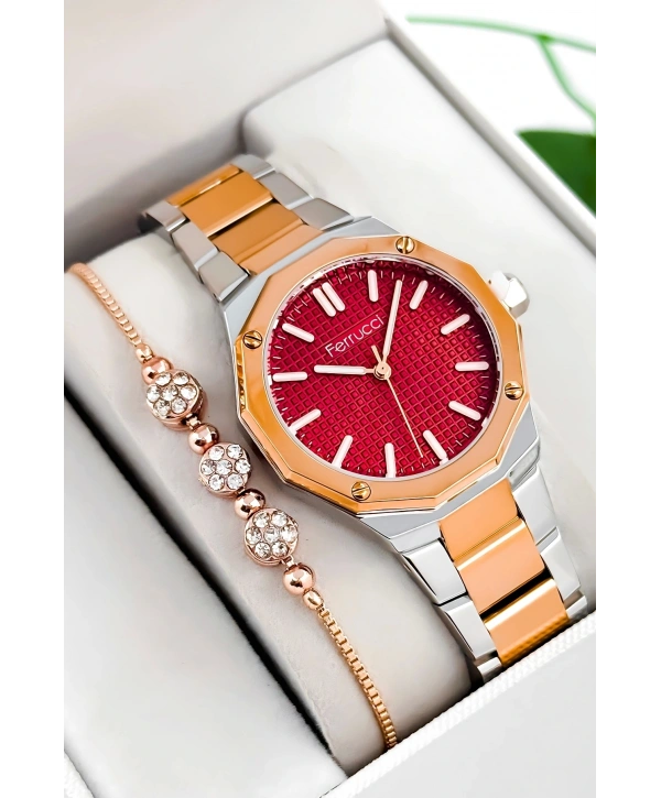 Ferrucci Çelik Kordon & Kasa Kadın Kol Saati, 3atm Suya Dayanıklı Gümüş-rose-kırmızı Sdfer175