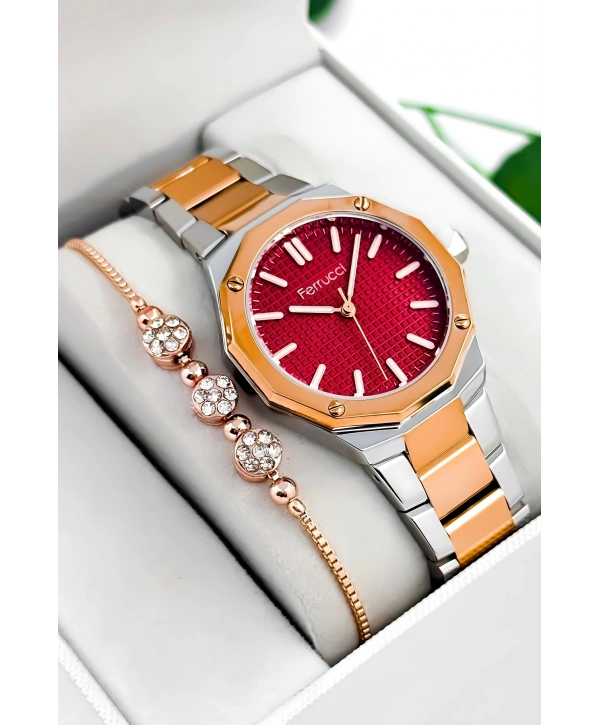 Ferrucci Çelik Kordon & Kasa Kadın Kol Saati, 3atm Suya Dayanıklı Gümüş-rose-kırmızı Sdfer175