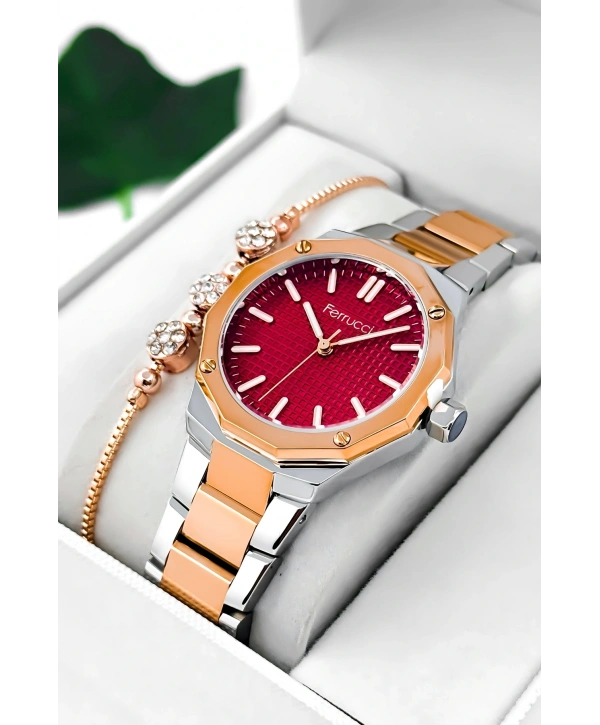 Ferrucci Çelik Kordon & Kasa Kadın Kol Saati, 3atm Suya Dayanıklı Gümüş-rose-kırmızı Sdfer175