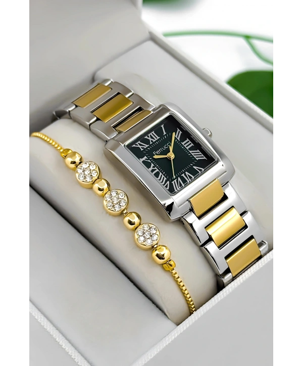 Ferrucci Çelik Kordon & Kasa Kadın Kol Saati, 3atm Suya Dayanıklı Gümüş-gold-yeşil Sdfer176