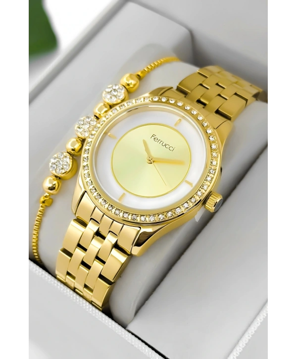 Ferrucci Çelik Kordon & Kasa Kadın Kol Saati, 3atm Suya Dayanıklı Gold Sdfer179