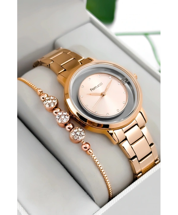 Ferrucci Çelik Kordon & Kasa Kadın Kol Saati, Şeffaf Arka Cam Kapak Rose Sdfer180