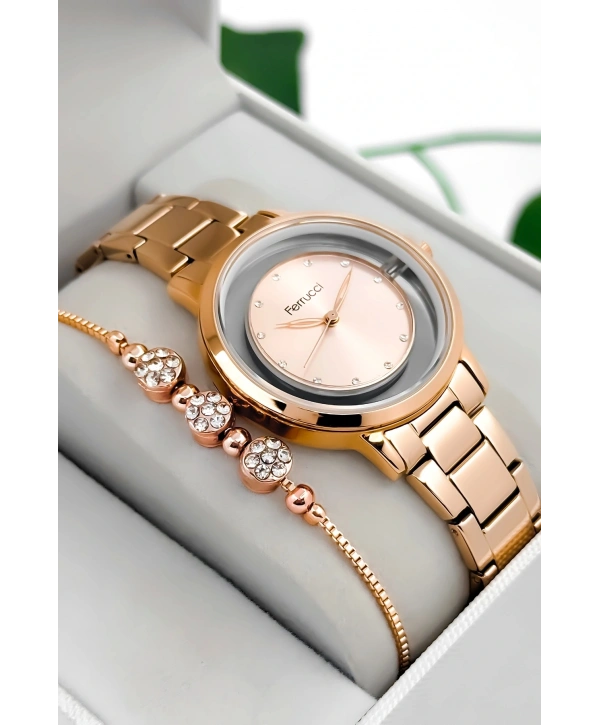 Ferrucci Çelik Kordon & Kasa Kadın Kol Saati, Şeffaf Arka Cam Kapak Rose Sdfer180