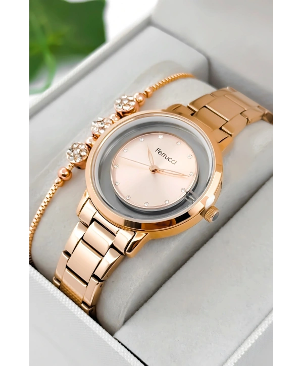Ferrucci Çelik Kordon & Kasa Kadın Kol Saati, Şeffaf Arka Cam Kapak Rose Sdfer180