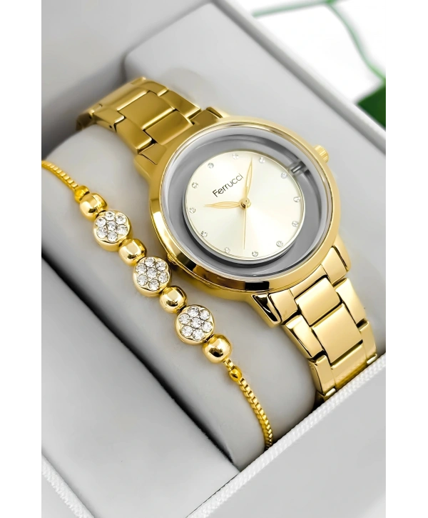Ferrucci Çelik Kordon & Kasa Kadın Kol Saati, Şeffaf Arka Cam Kapak Gold Sdfer180