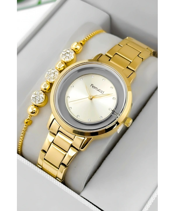 Ferrucci Çelik Kordon & Kasa Kadın Kol Saati, Şeffaf Arka Cam Kapak Gold Sdfer180
