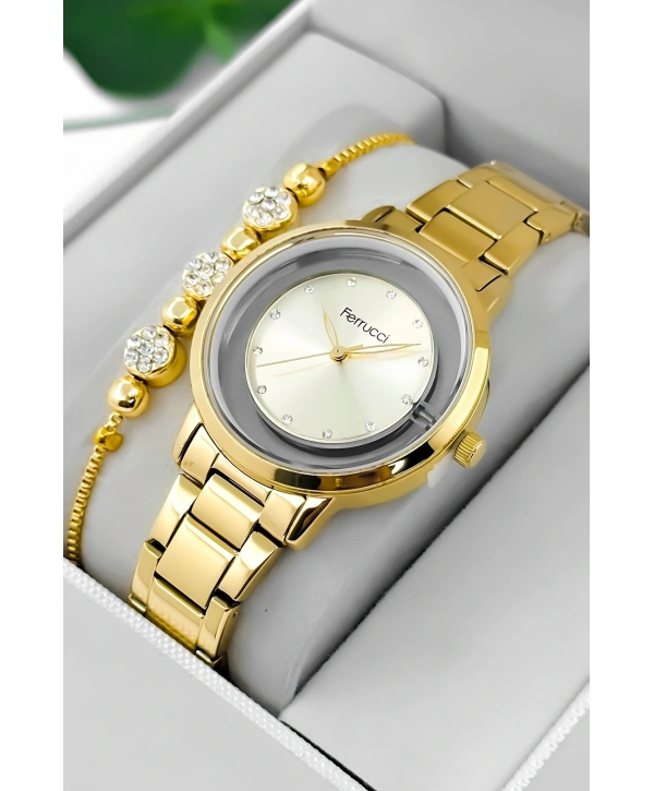 Ferrucci Çelik Kordon & Kasa Kadın Kol Saati, Şeffaf Arka Cam Kapak Gold Sdfer180