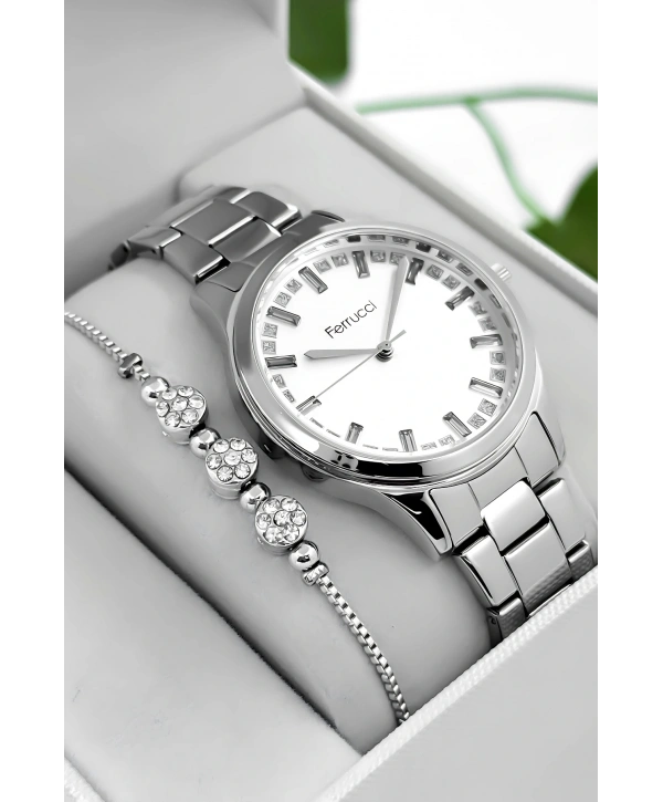 Ferrucci Çelik Kordon & Kasa Kadın Kol Saati, Taş Detaylı Kadran Gümüş Sdfer181