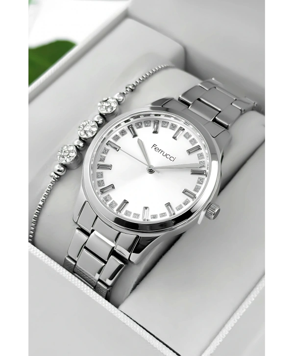 Ferrucci Çelik Kordon & Kasa Kadın Kol Saati, Taş Detaylı Kadran Gümüş Sdfer181
