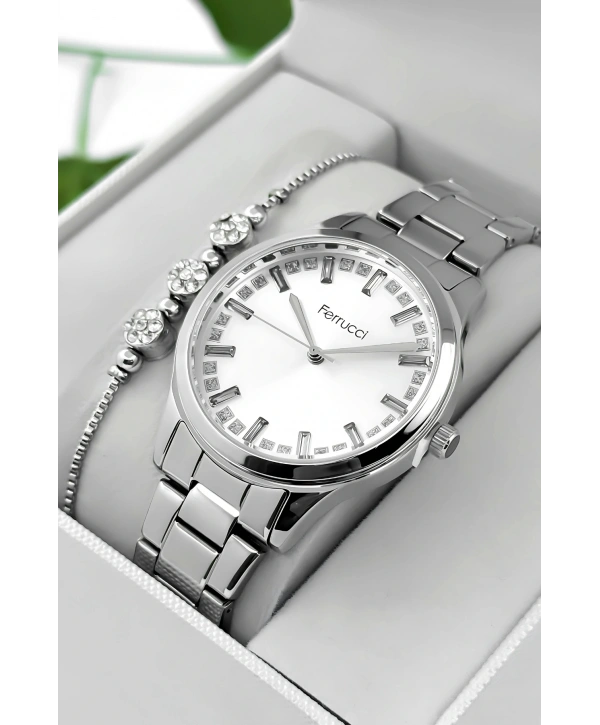 Ferrucci Çelik Kordon & Kasa Kadın Kol Saati, Taş Detaylı Kadran Gümüş Sdfer181