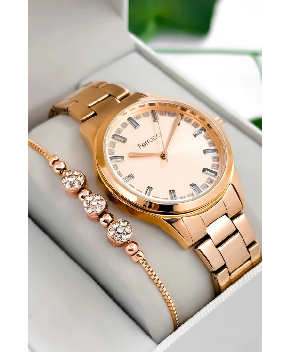 Ferrucci Çelik Kordon & Kasa Kadın Kol Saati, Taş Detaylı Kadran Rose Sdfer181
