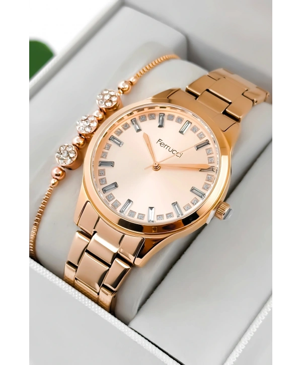 Ferrucci Çelik Kordon & Kasa Kadın Kol Saati, Taş Detaylı Kadran Rose Sdfer181