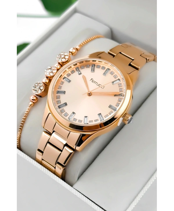Ferrucci Çelik Kordon & Kasa Kadın Kol Saati, Taş Detaylı Kadran Rose Sdfer181