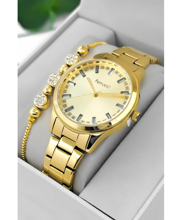 Ferrucci Çelik Kordon & Kasa Kadın Kol Saati, Taş Detaylı Kadran Gold Sdfer181