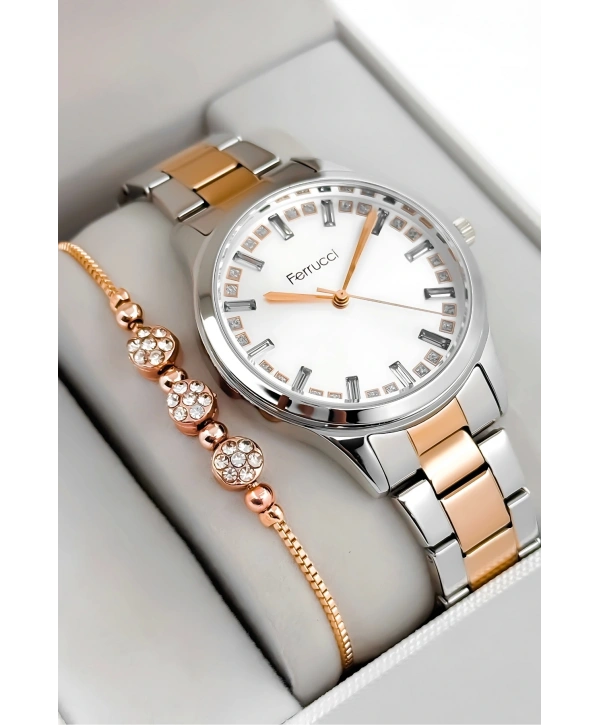 Ferrucci Çelik Kordon & Kasa Kadın Kol Saati, Taş Detaylı Kadran Gümüş-rose Sdfer181