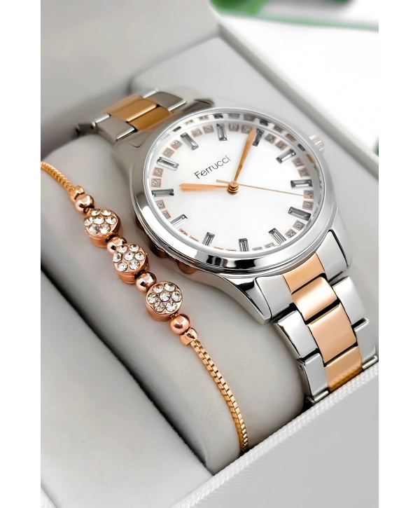 Ferrucci Çelik Kordon & Kasa Kadın Kol Saati, Taş Detaylı Kadran Gümüş-rose Sdfer181
