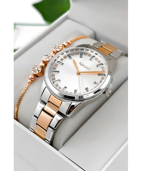 Ferrucci Çelik Kordon & Kasa Kadın Kol Saati, Taş Detaylı Kadran Gümüş-rose Sdfer181
