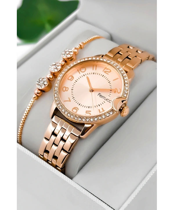 Ferrucci Çelik Kordon & Kasa Kadın Kol Saati, Taş Detaylı Kasa Rose Sdfer182