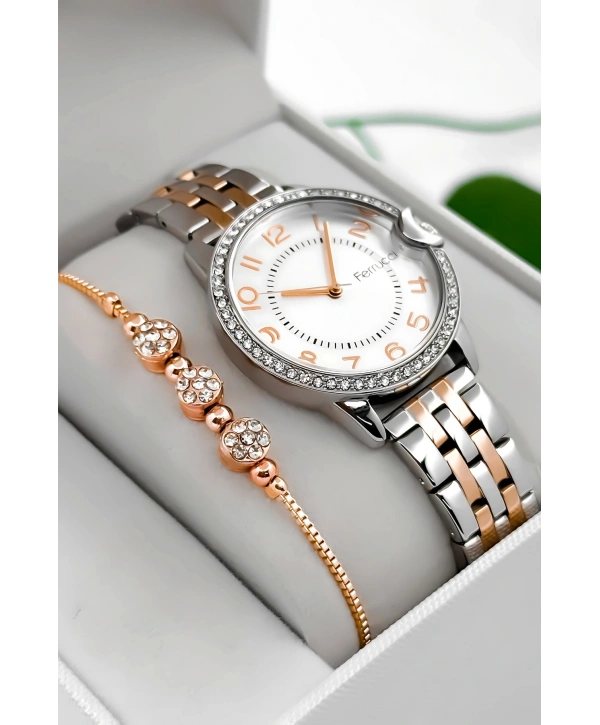 Ferrucci Çelik Kordon & Kasa Kadın Kol Saati, Taş Detaylı Kasa Gümüş-rose Sdfer182