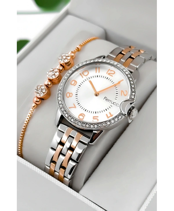 Ferrucci Çelik Kordon & Kasa Kadın Kol Saati, Taş Detaylı Kasa Gümüş-rose Sdfer182