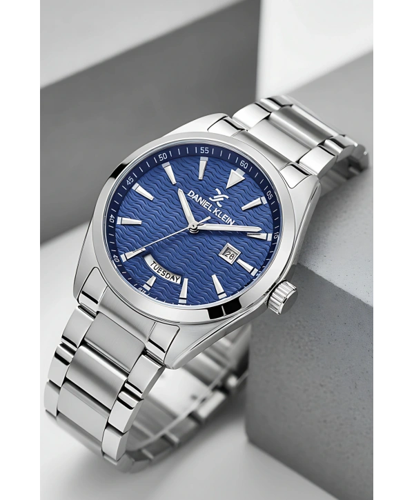 Takvimli Çelik Kordon Erkek Kol Saati Bileklik Hediyeli Gümüş-Mavi sddk096