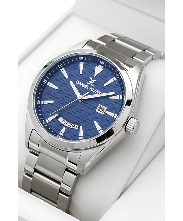 Takvimli Çelik Kordon Erkek Kol Saati Bileklik Hediyeli Gümüş-Mavi sddk096