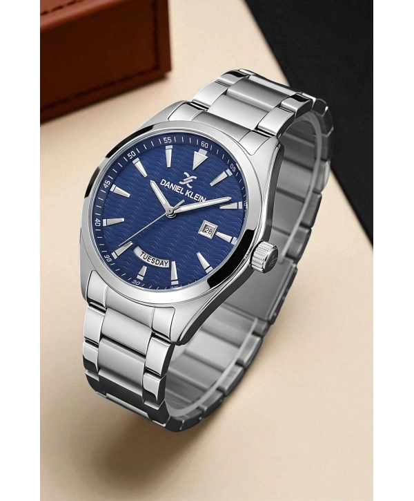 Takvimli Çelik Kordon Erkek Kol Saati Bileklik Hediyeli Gümüş-Mavi sddk096