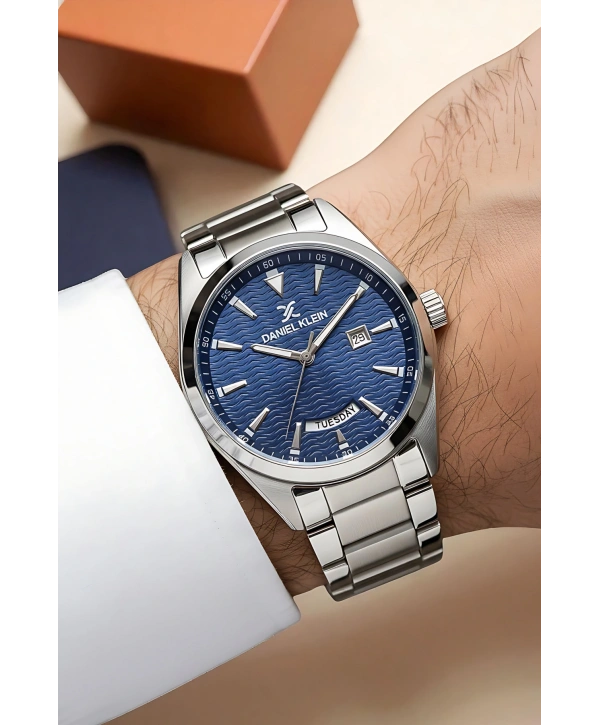 Takvimli Çelik Kordon Erkek Kol Saati Bileklik Hediyeli Gümüş-Mavi sddk096