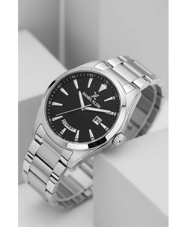 Takvimli Çelik Kordon Erkek Kol Saati Bileklik Hediyeli Gümüş-Siyah sddk096