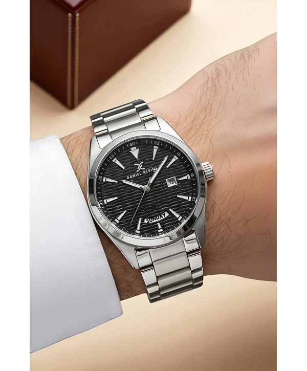 Takvimli Çelik Kordon Erkek Kol Saati Bileklik Hediyeli Gümüş-Siyah sddk096