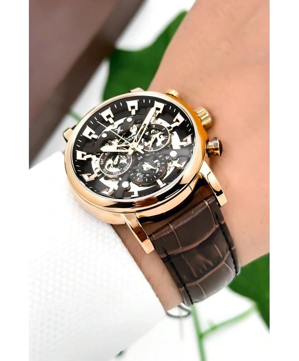 Daniel Klein Deri Kordon Çelik Kasa Otomatik Mekanizma Erkek Kol Saati Kahve-Rose sddk103