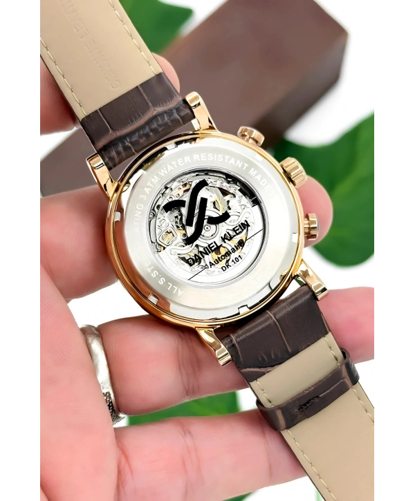 Daniel Klein Deri Kordon Çelik Kasa Otomatik Mekanizma Erkek Kol Saati Kahve-Rose sddk103