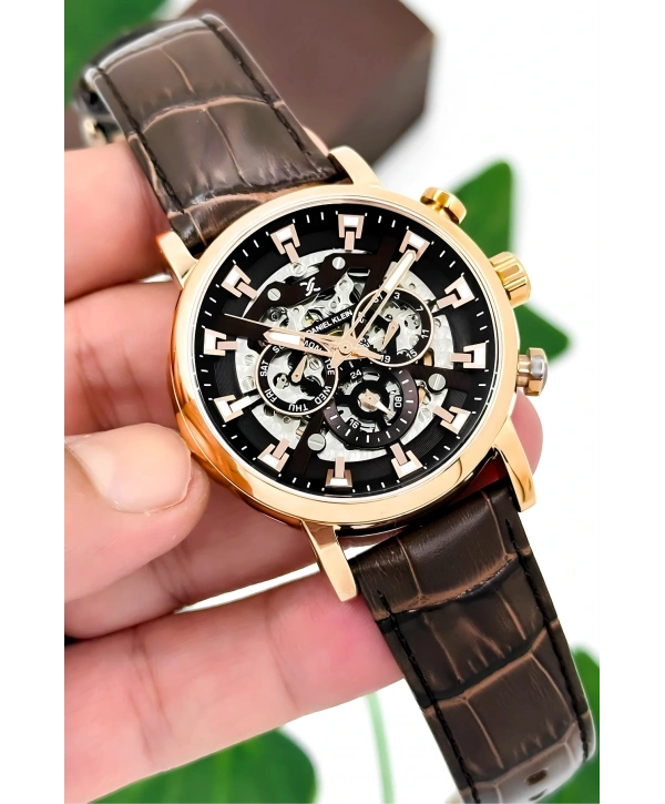 Daniel Klein Deri Kordon Çelik Kasa Otomatik Mekanizma Erkek Kol Saati Kahve-Rose sddk103