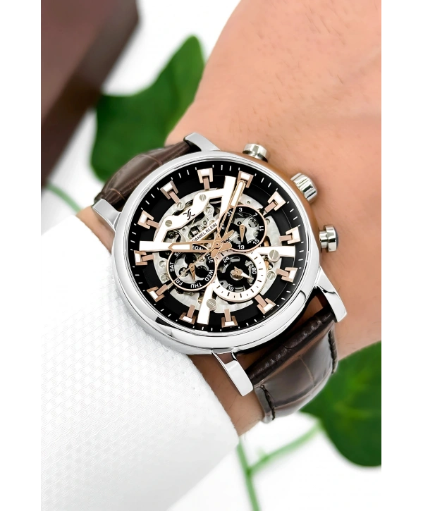 Daniel Klein Deri Kordon Çelik Kasa Otomatik Mekanizma Erkek Kol Saati Kahve-Gümüş sddk103