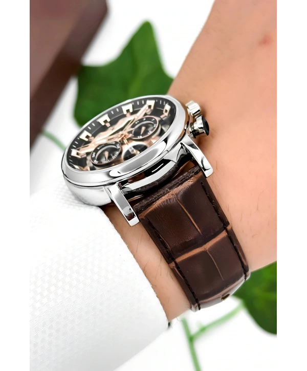 Daniel Klein Deri Kordon Çelik Kasa Otomatik Mekanizma Erkek Kol Saati Kahve-Gümüş sddk103