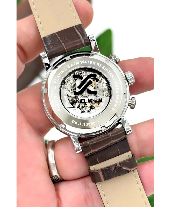 Daniel Klein Deri Kordon Çelik Kasa Otomatik Mekanizma Erkek Kol Saati Kahve-Gümüş sddk103