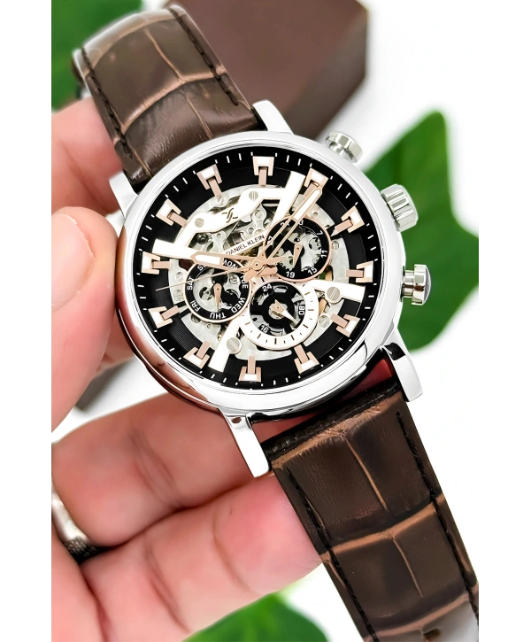 Daniel Klein Deri Kordon Çelik Kasa Otomatik Mekanizma Erkek Kol Saati Kahve-Gümüş sddk103